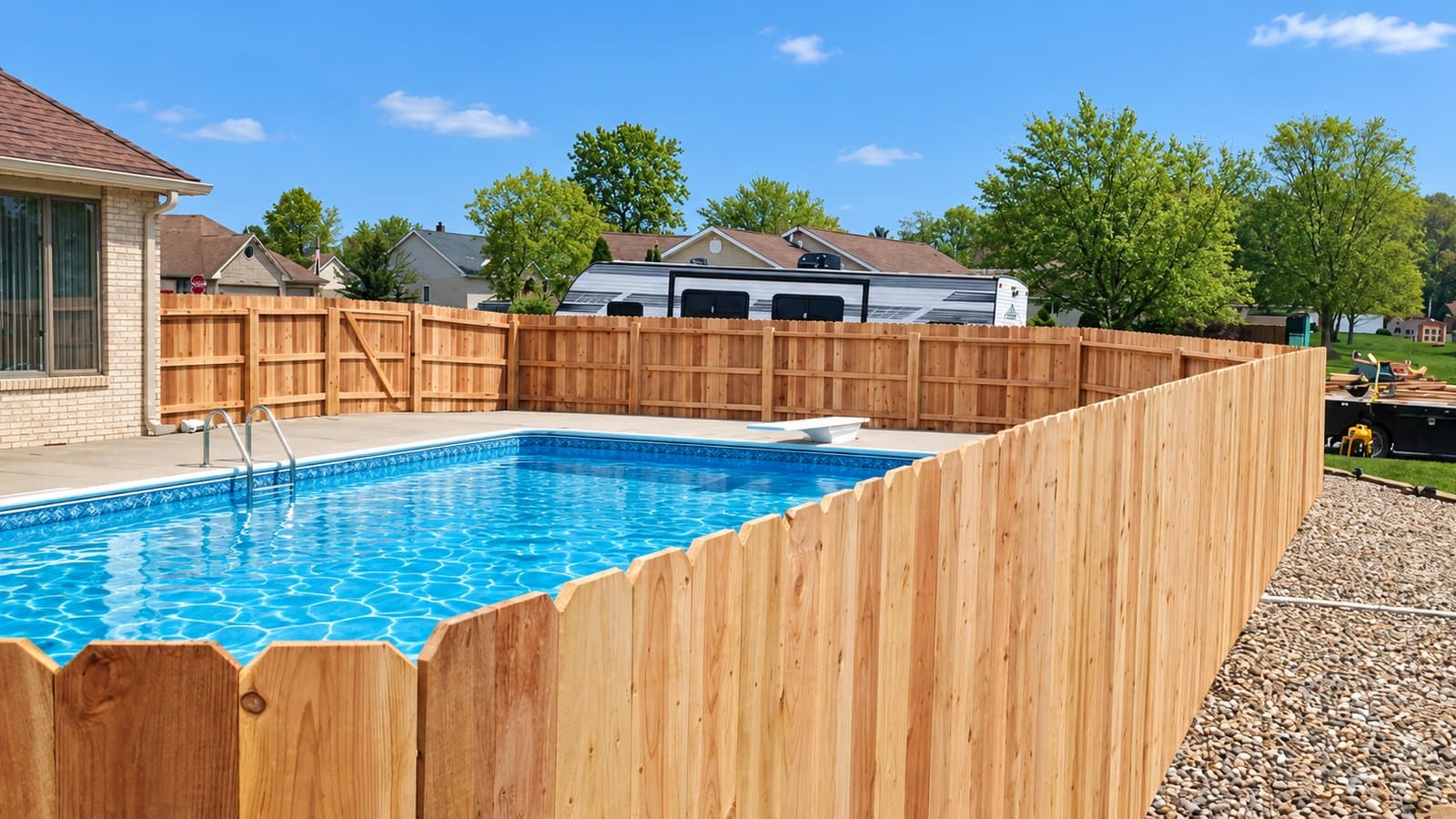Cedar dog-ear privacy fence around an in-ground pool in Greentown, IN