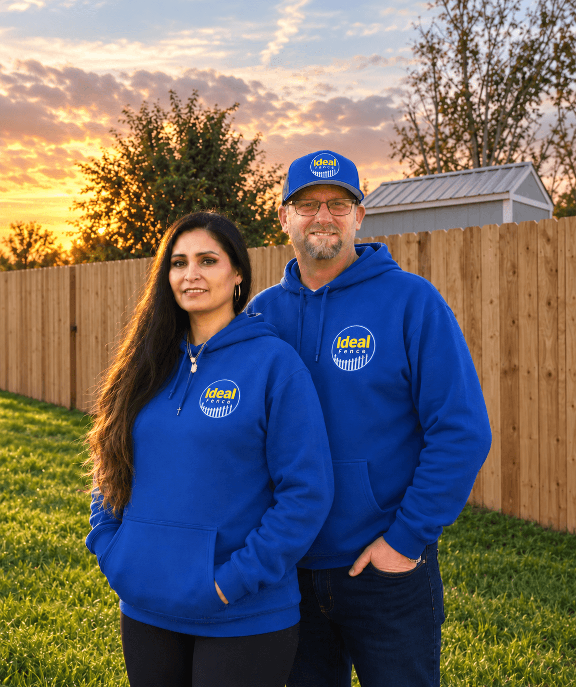 James and Monica, Ideal Fence owner operators, wearing blue company hoodies beside a 6' tall wood privacy fence at sunset.