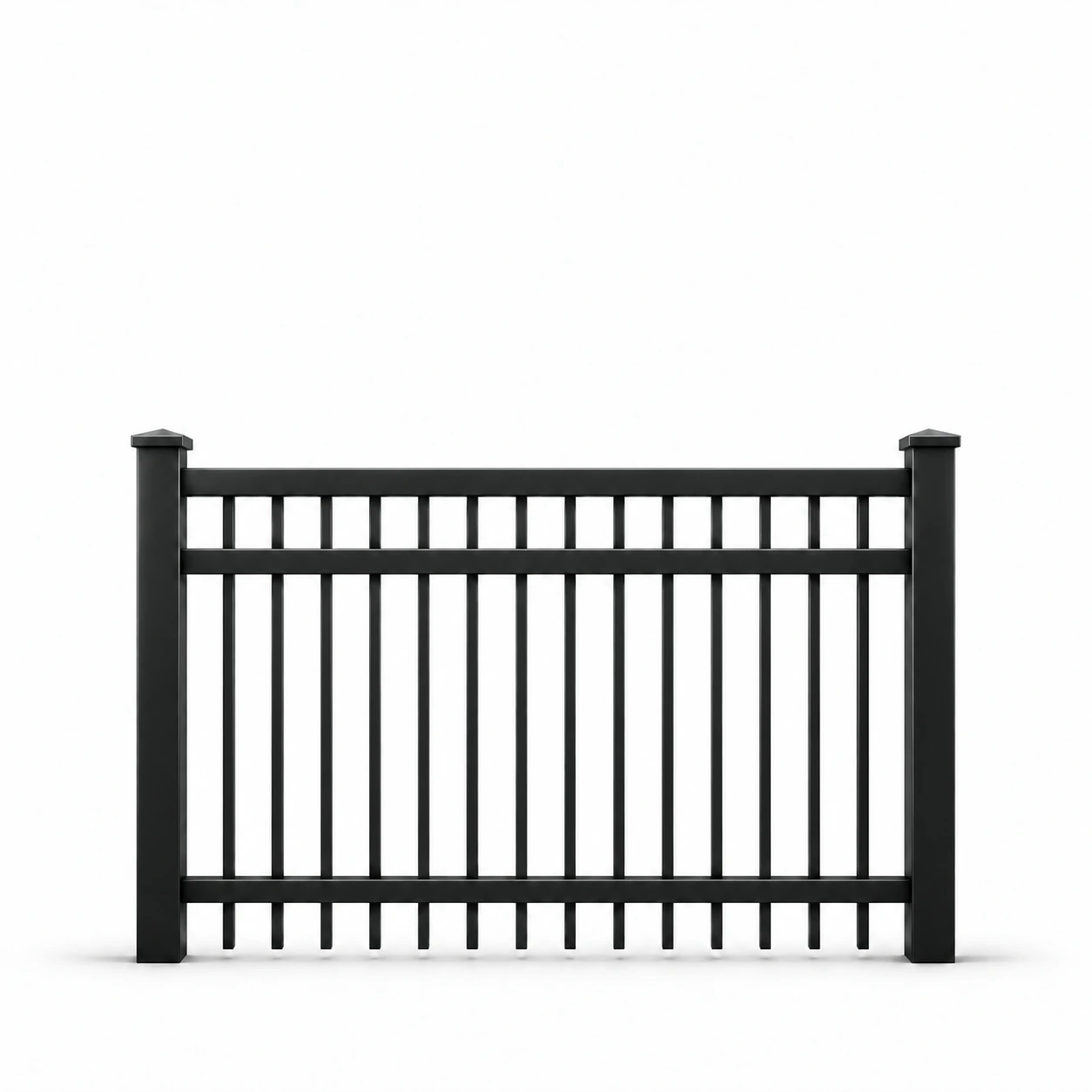 Black aluminum three-rail smooth-top fence illustration, 6 feet wide and 4 feet tall, with straight pickets and capped posts.