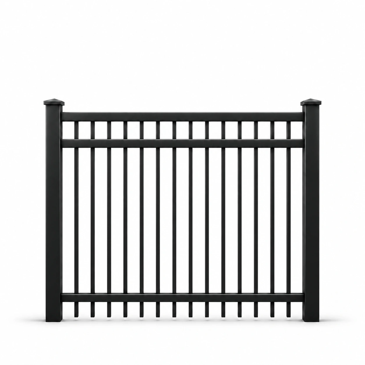 Black aluminum three-rail smooth-top fence illustration, 6 feet wide and 5 feet tall, with straight pickets and capped posts.