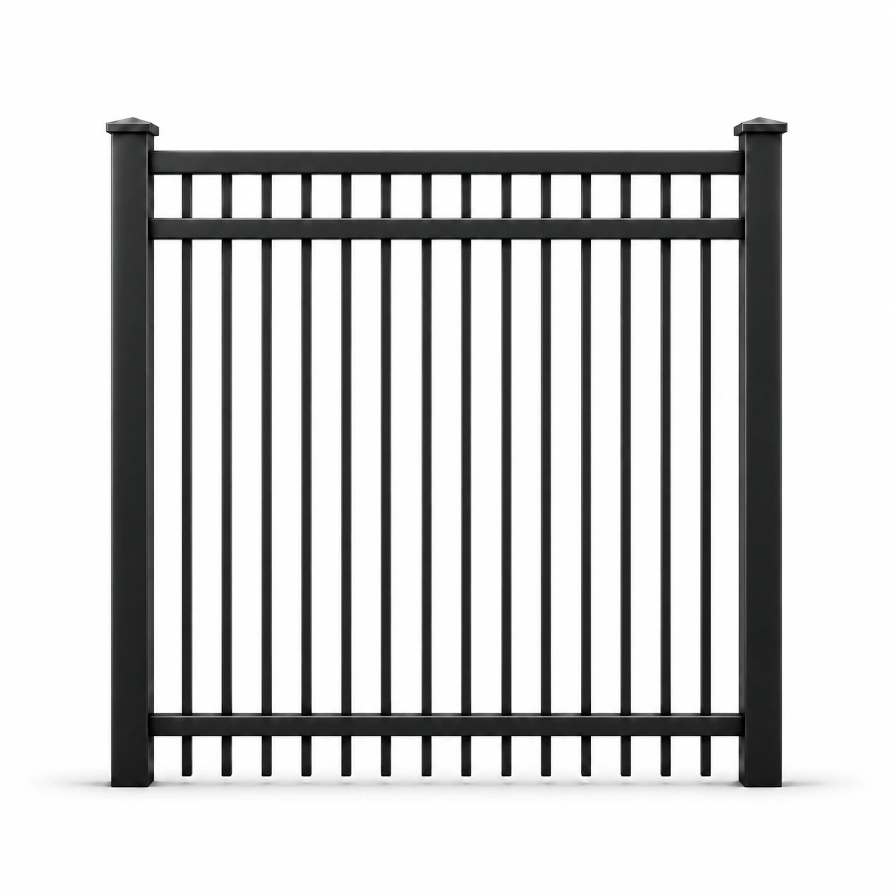 Black aluminum three-rail smooth-top fence illustration, 6 feet wide and 6 feet tall, with straight pickets and capped posts.
