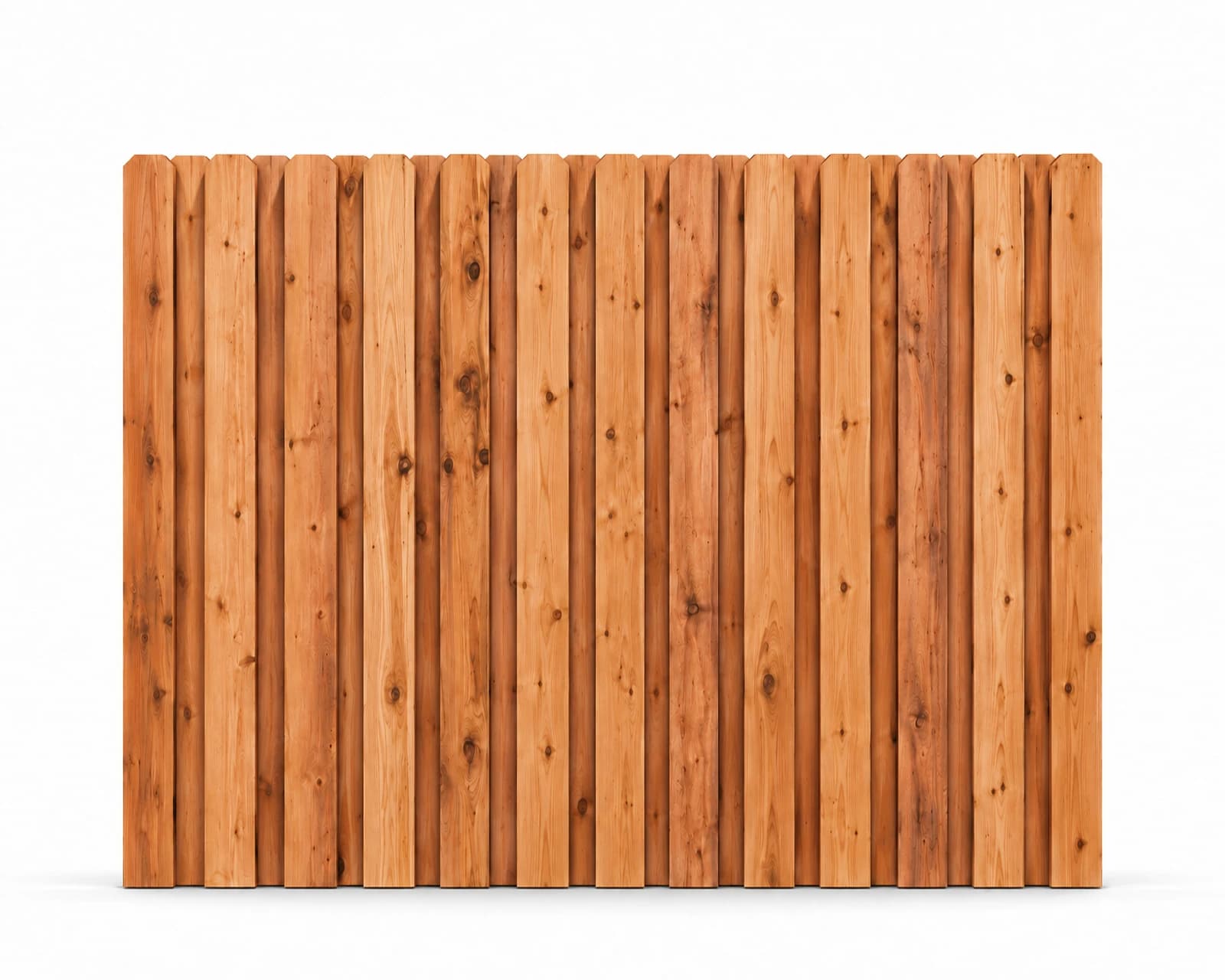 Cedar board-on-board privacy fence illustration, 8 feet wide and 6 feet tall, with overlapping vertical dog-ear pickets.