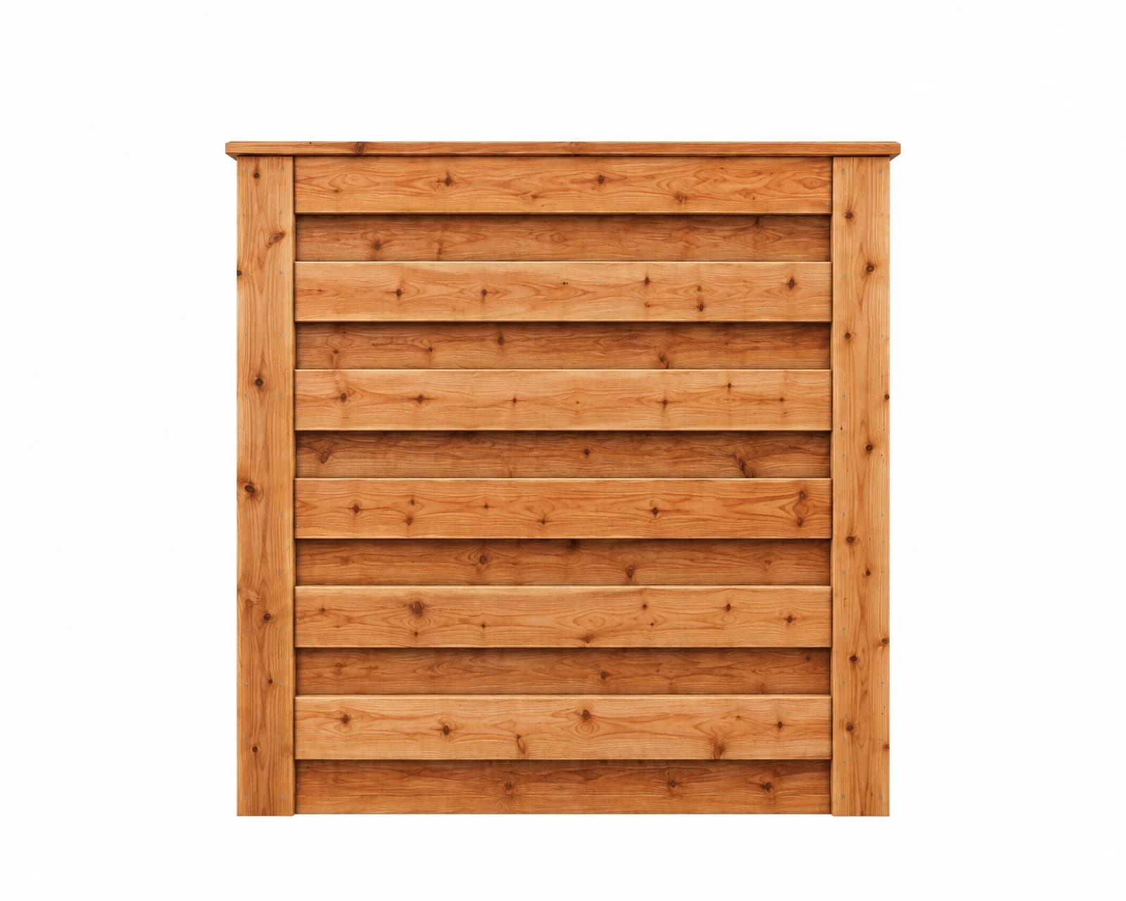 Horizontal cedar board-on-board fence illustration, 6 feet wide and 6 feet tall, showing overlapping boards and a top cap.