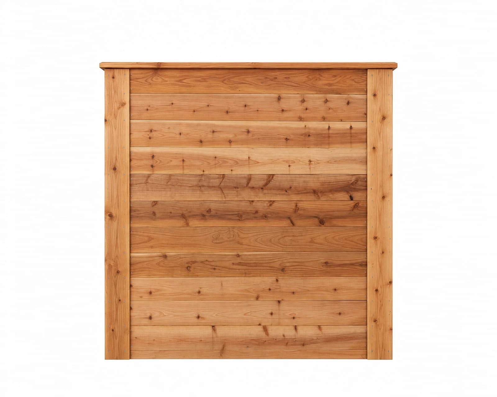 Horizontal cedar privacy fence illustration, 6 feet wide and 6 feet tall, with side-by-side boards and a continuous top cap.