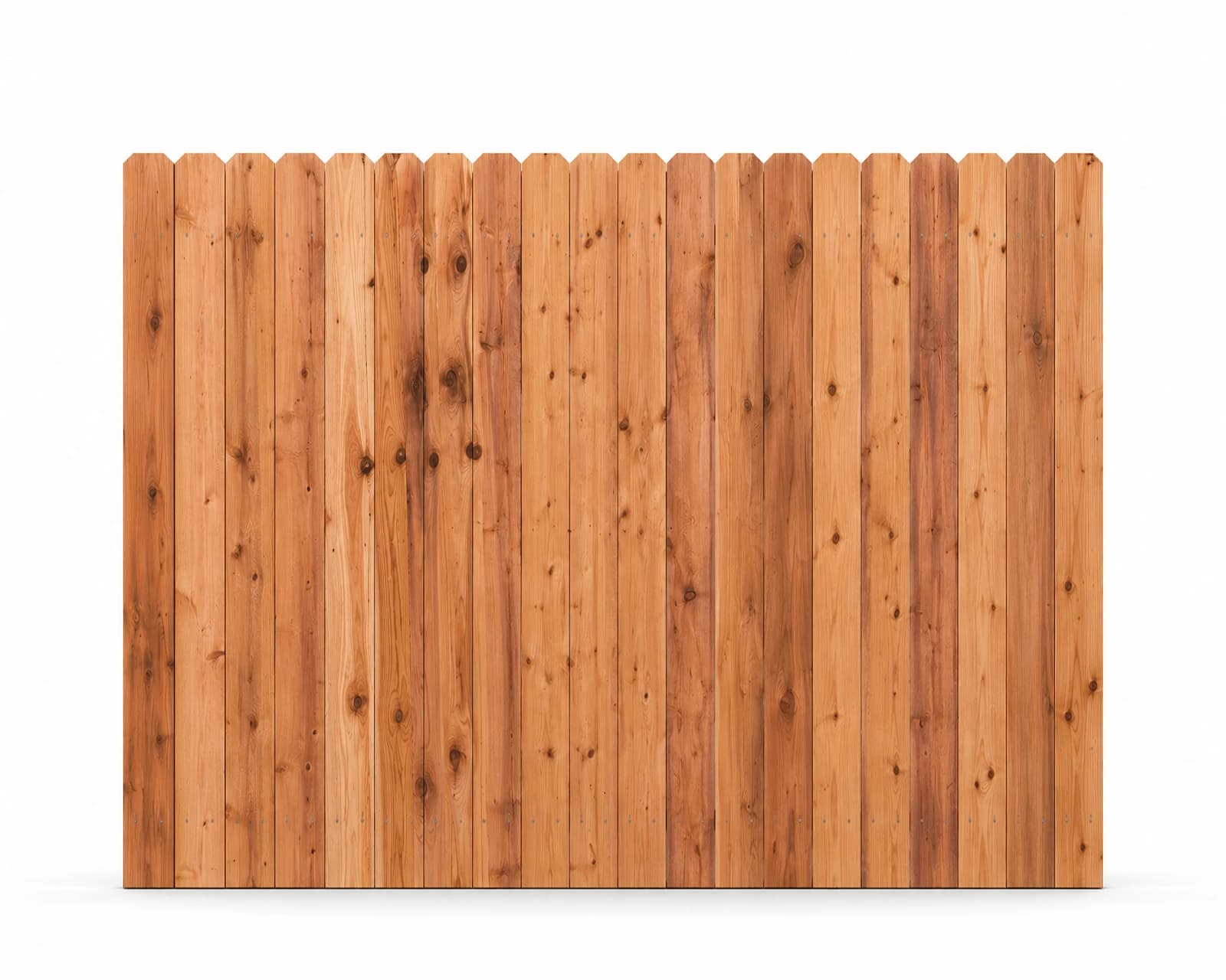 Cedar privacy fence illustration, 8 feet wide and 6 feet tall, with closely fitted vertical dog-ear pickets.