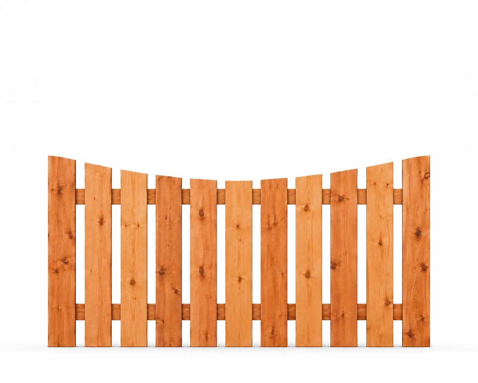 Cedar scalloped picket fence illustration, 8 feet wide and 4 feet tall, with spaced pickets dipping gently toward the center.
