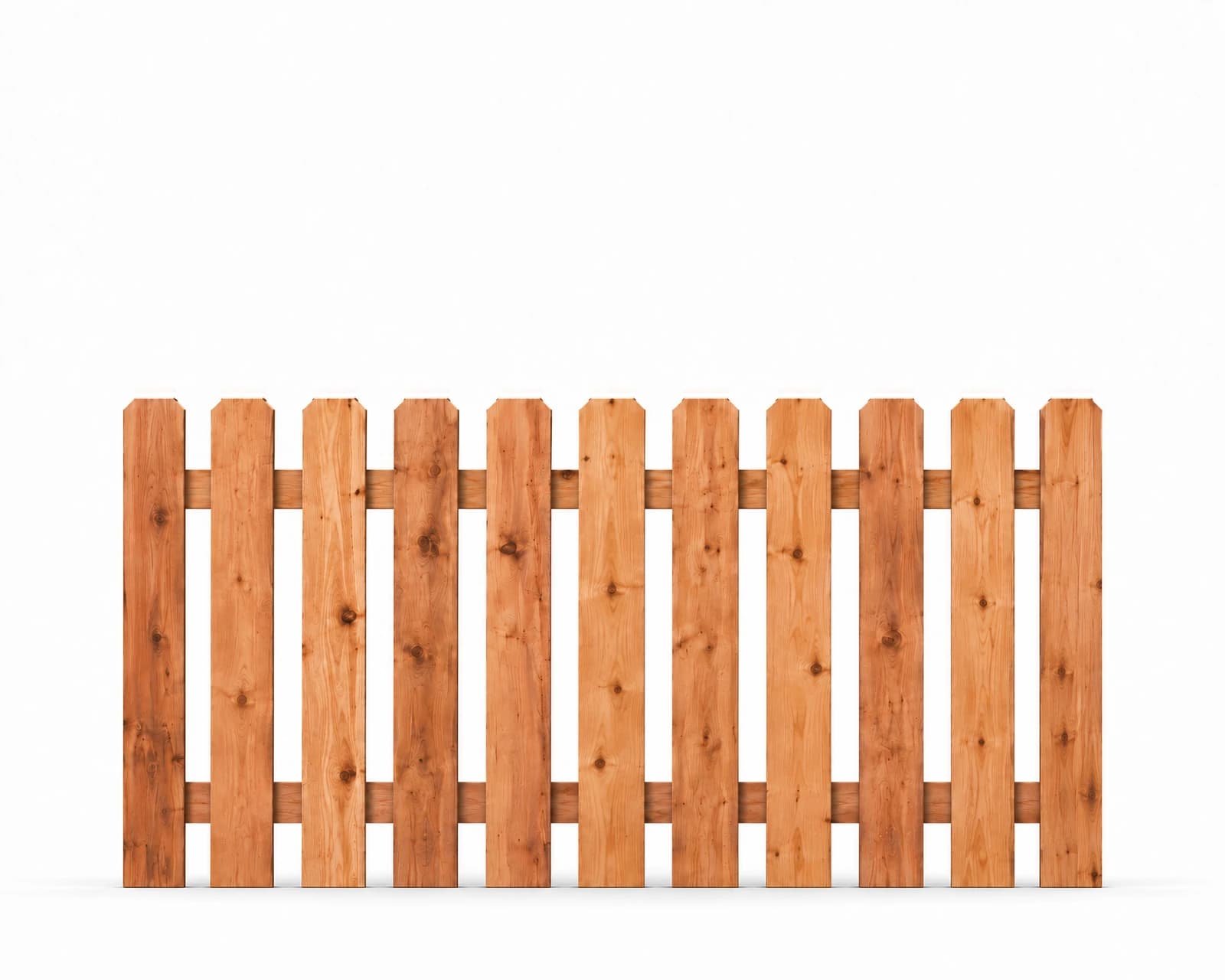 Cedar spaced picket fence illustration, 8 feet wide and 4 feet tall, with a level row of dog-ear pickets and open gaps.