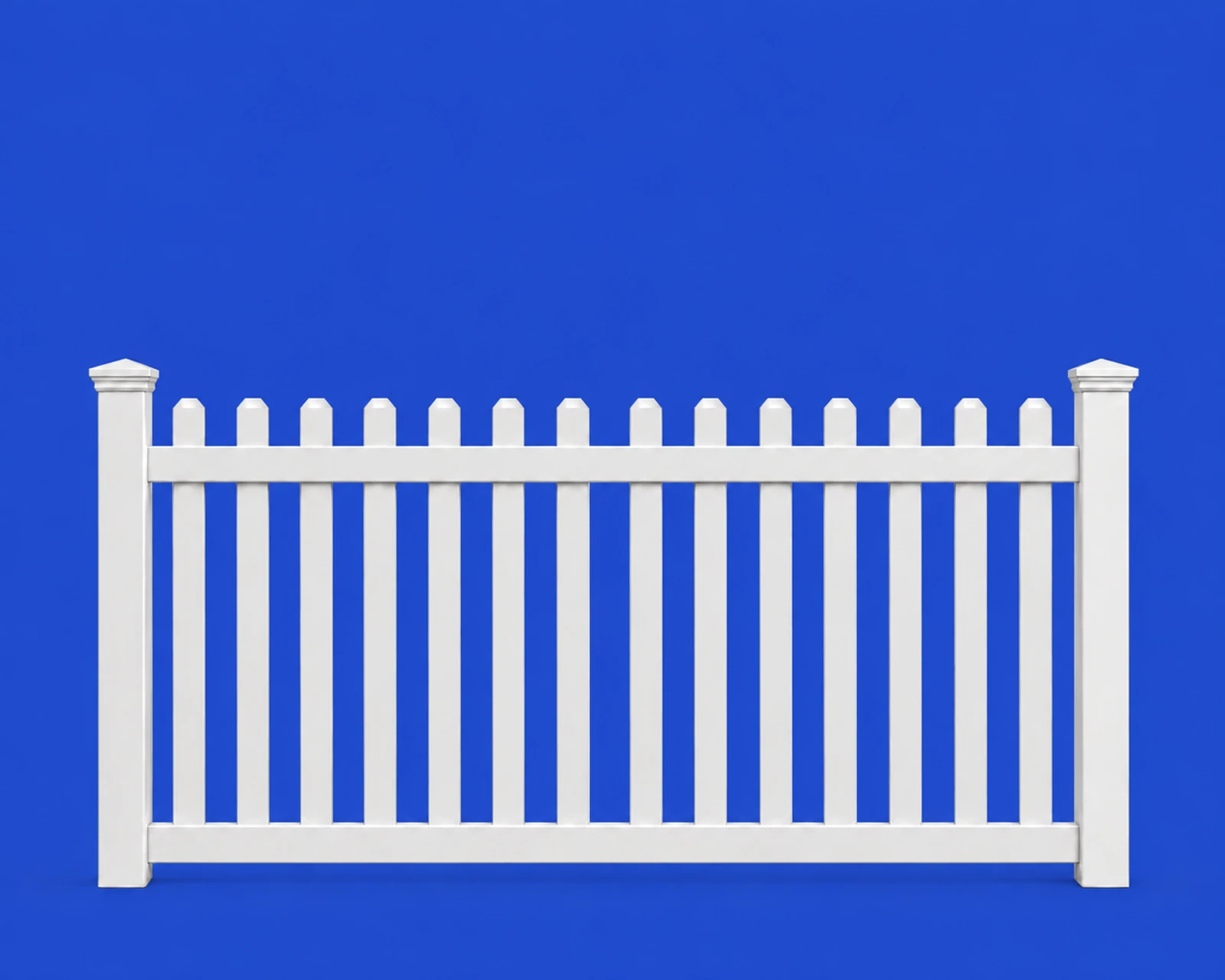 White vinyl classic picket fence illustration, 8 feet wide and 4 feet tall, with rounded pickets extending above the top rail.