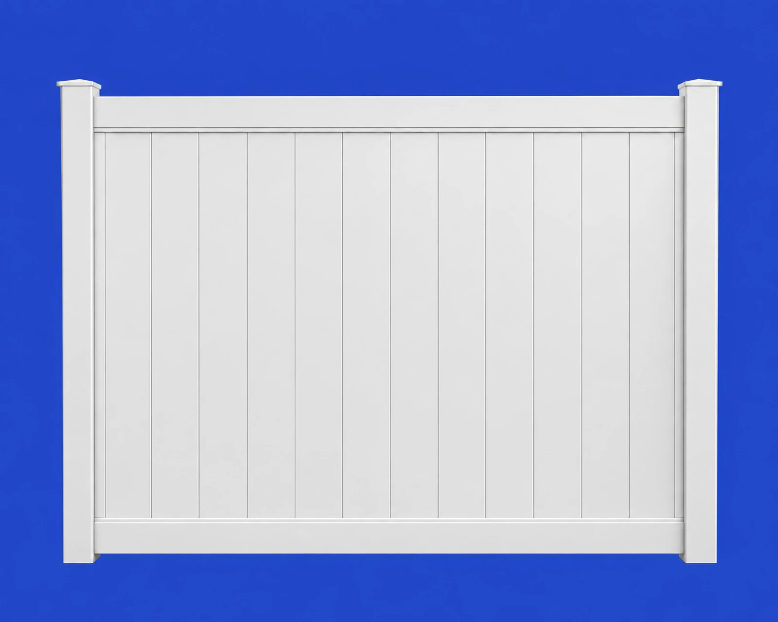 White vinyl privacy fence illustration, 8 feet wide and 6 feet tall, with solid vertical panels between capped posts.