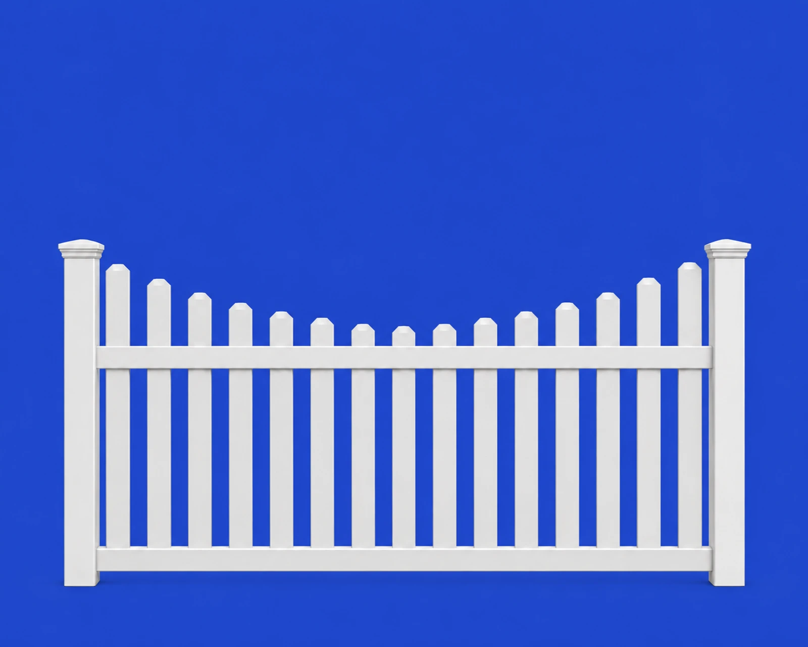 White vinyl scalloped picket fence illustration, 8 feet wide and 4 feet tall, with rounded pickets dipping toward the center.