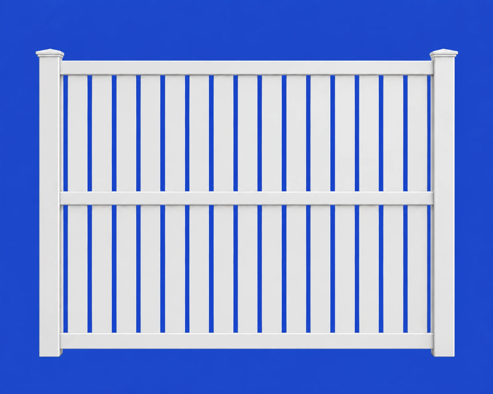 White vinyl semi-privacy fence illustration, 8 feet wide and 6 feet tall, with narrow gaps between pickets and three rails.