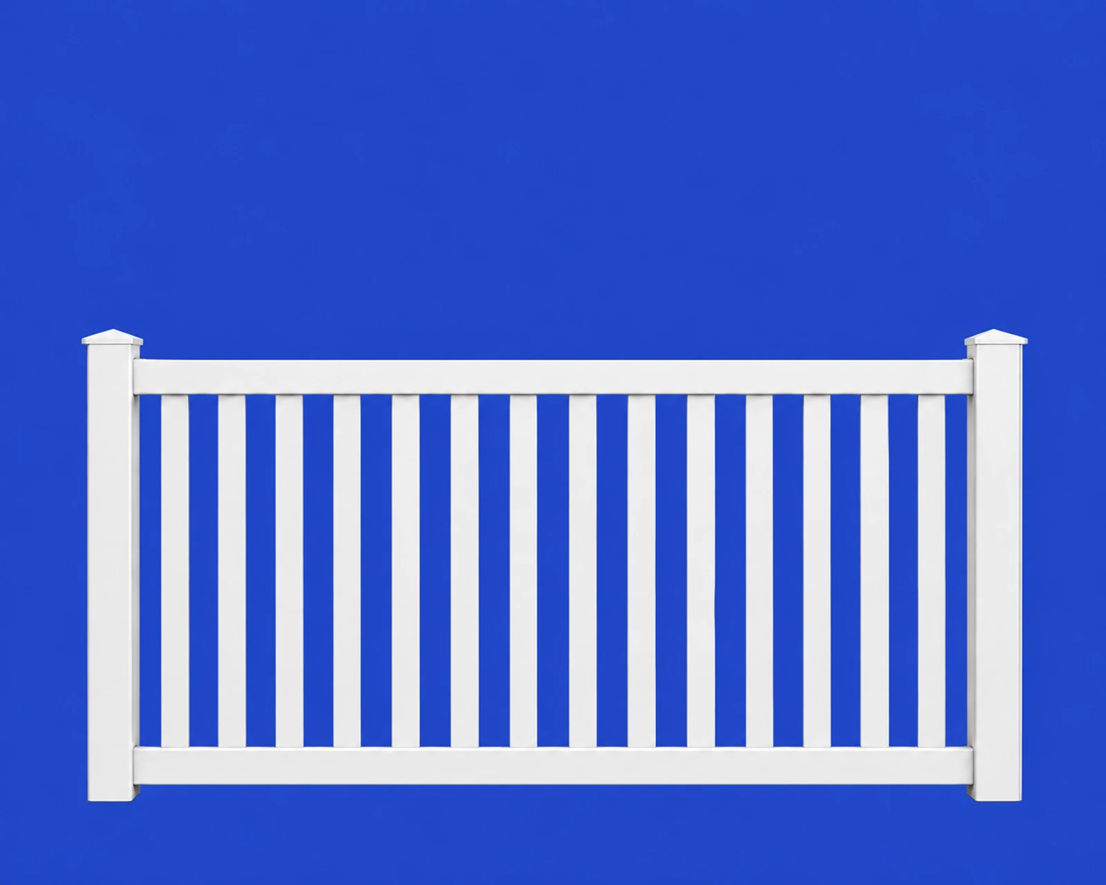 White vinyl smooth-top picket fence illustration, 8 feet wide and 4 feet tall, with open vertical pickets below a level rail.