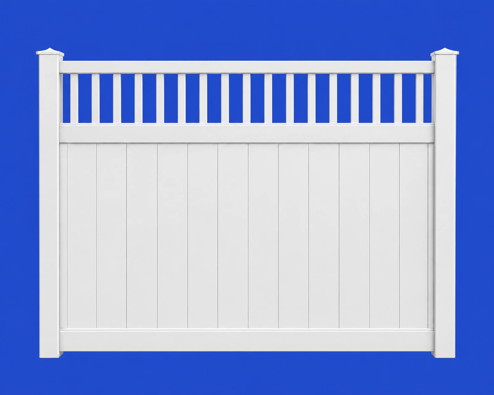 White vinyl spindle-top fence illustration, 8 feet wide and 6 feet tall, with an open picket top above solid privacy panels.