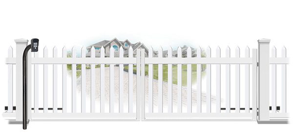 Vinyl swinging estate gate in closed position